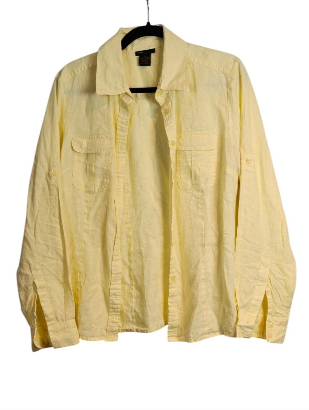 GRACE ELEMENTS Pastel Yellow 100% Linen Utility Button Up Shirt Size 12